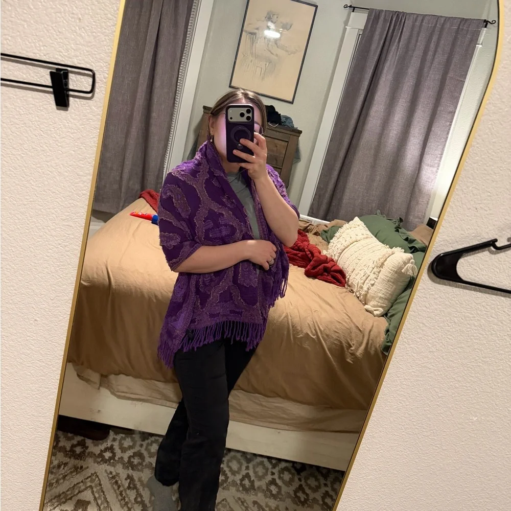 Wool Blend Purple Patterned Fringe Scarf Shawl Elegant Indian Made
